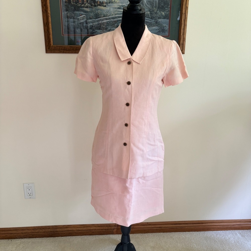 NY Sake Skirt Suit Womens 4 Pink Linen Blend Short Sleeve Jacket 2 Piece Set